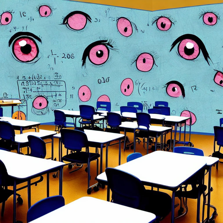 Classroom with blue walls adorned with eye drawings and math equations, rows of empty desks on yellow flooring