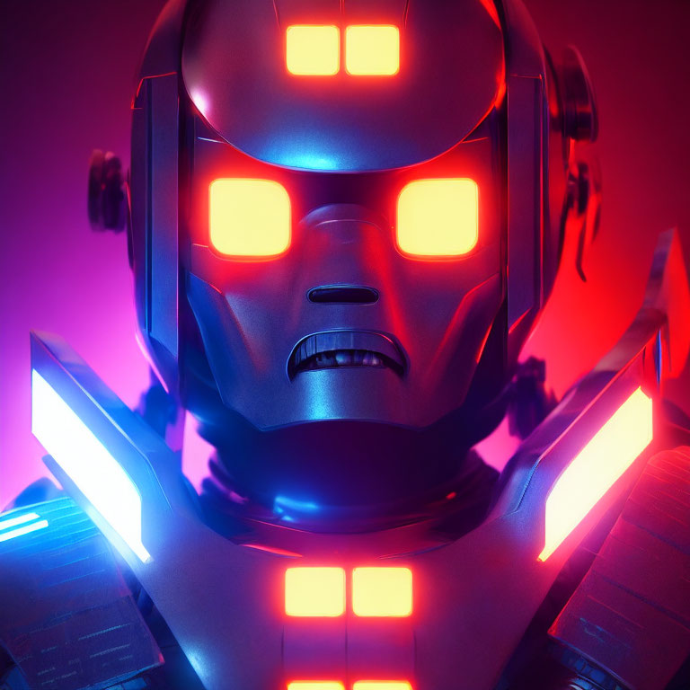Futuristic robot head with red glowing eyes and blue details on red background