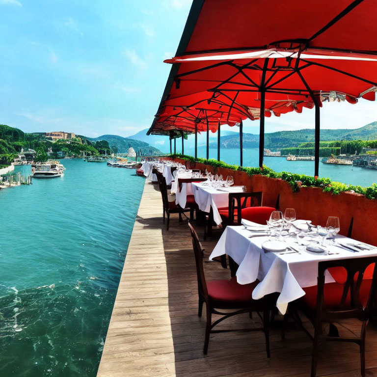 Scenic riverside dining setup with red umbrellas and white tables
