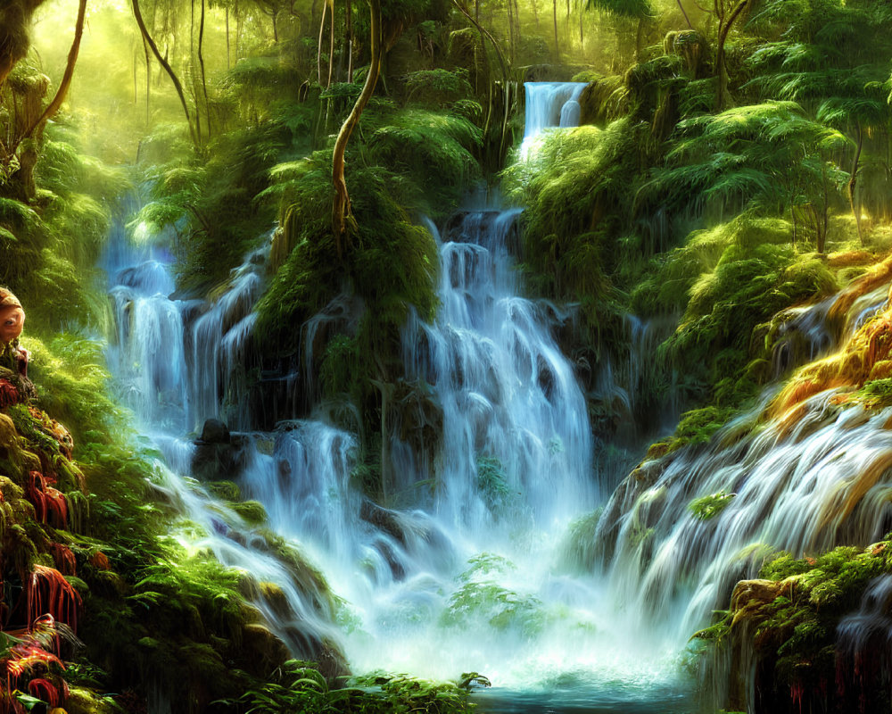 Green forest with sunlight, waterfall, moss & foliage