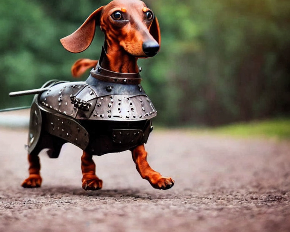 Curious dachshund dog in medieval knight's armor on pathway