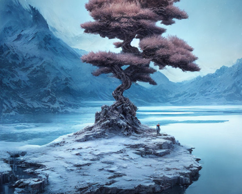 Person near pink bonsai tree on snow-covered islet in frozen lake with icy mountains