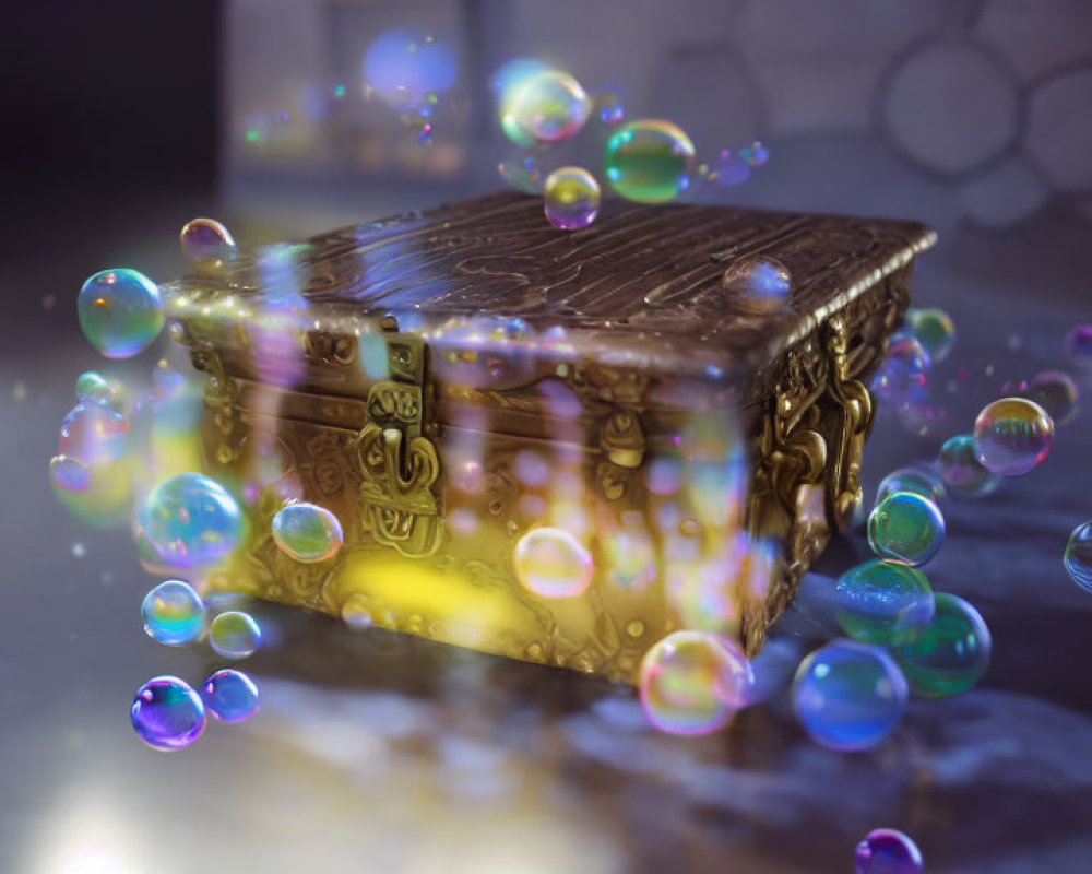 Glowing ornate treasure chest with iridescent soap bubbles