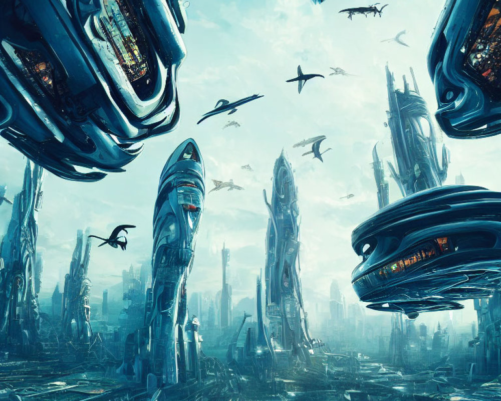 Futuristic cityscape with skyscrapers, flying vehicles, and bird-like creatures