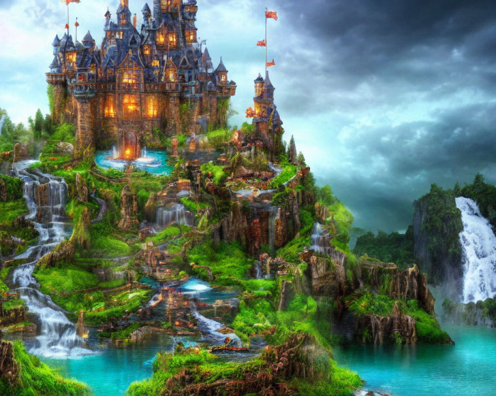 Digital artwork: Grand castle on lush cliffs with waterfalls & blue lake