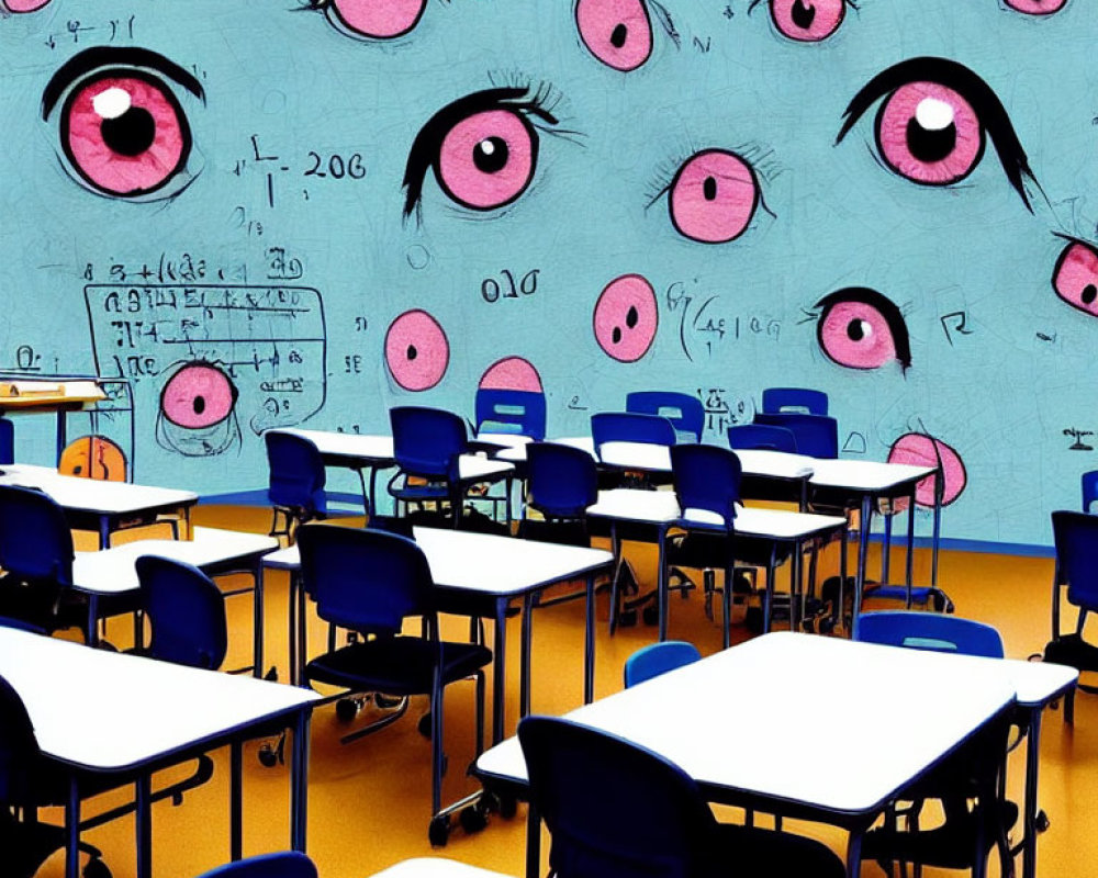 Classroom with blue walls adorned with eye drawings and math equations, rows of empty desks on yellow flooring