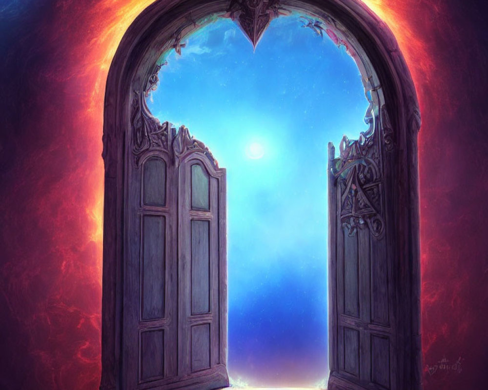Ornate door to mystical realm under glowing moon and starry sky