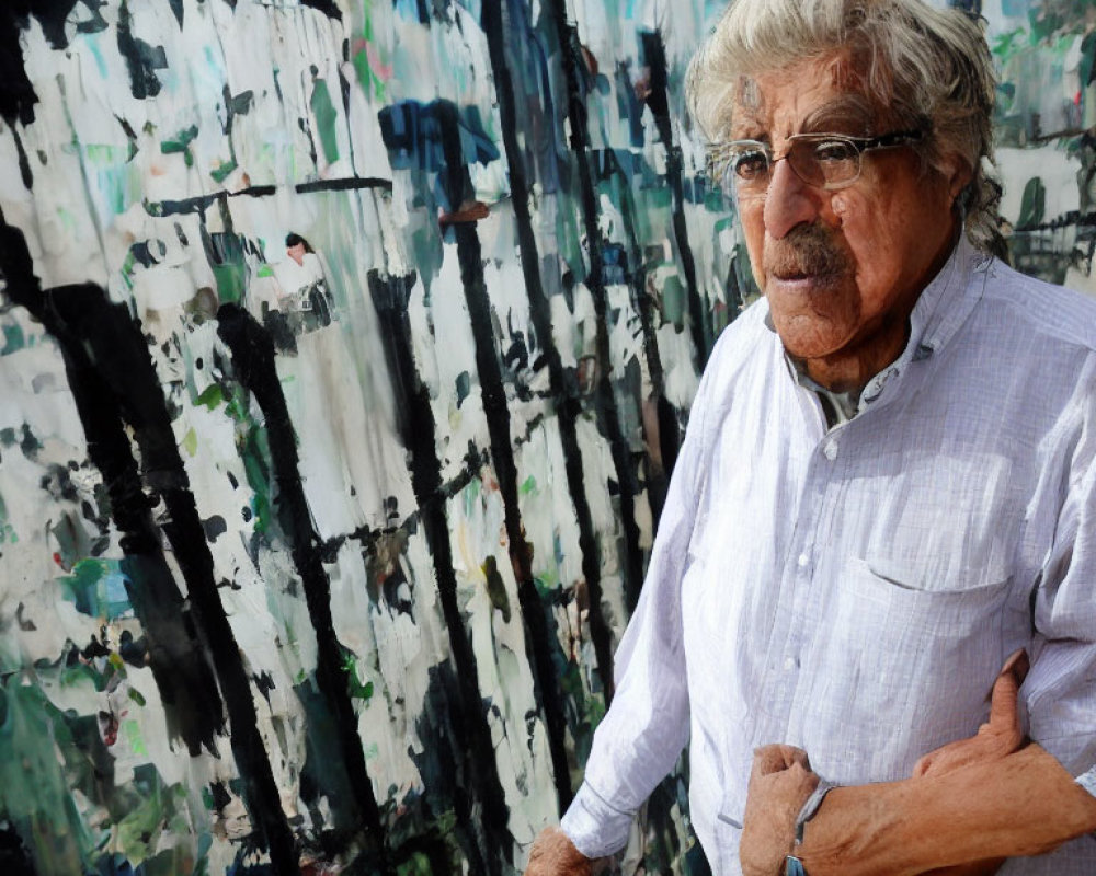 Elderly man with glasses in front of abstract painting.
