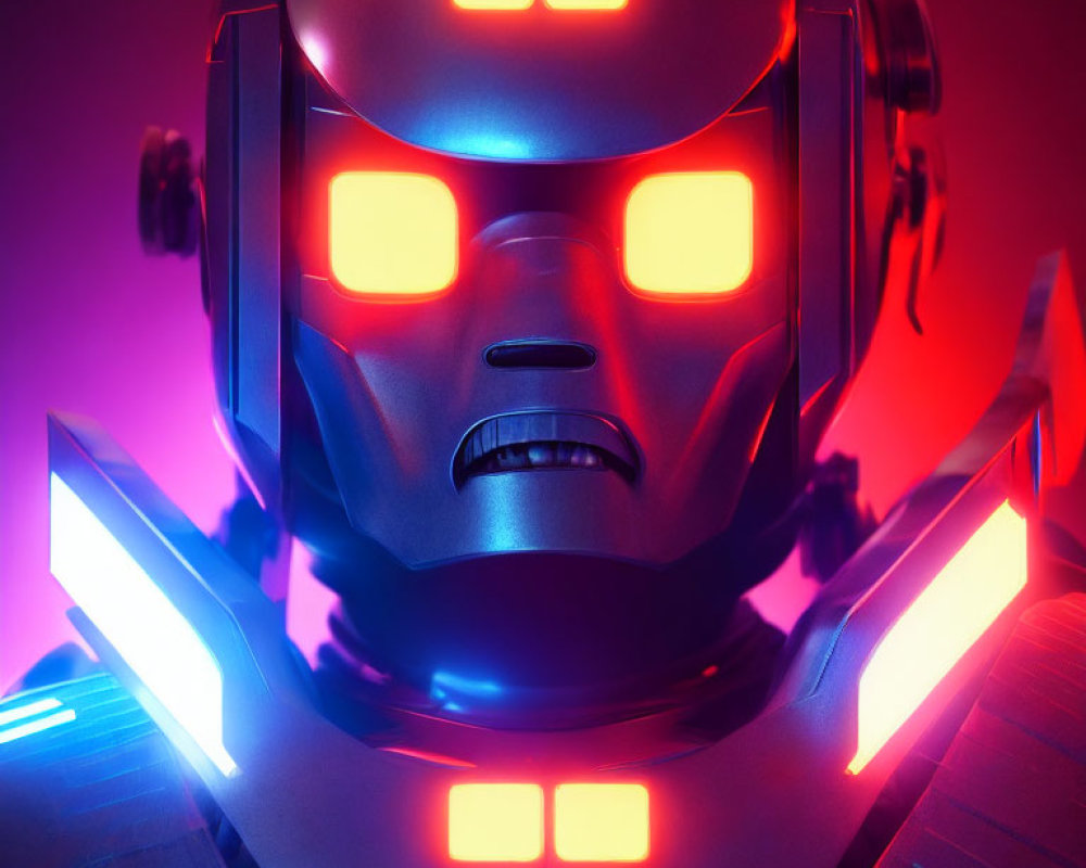 Futuristic robot head with red glowing eyes and blue details on red background
