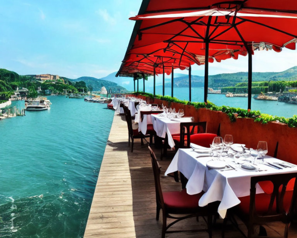 Scenic riverside dining setup with red umbrellas and white tables