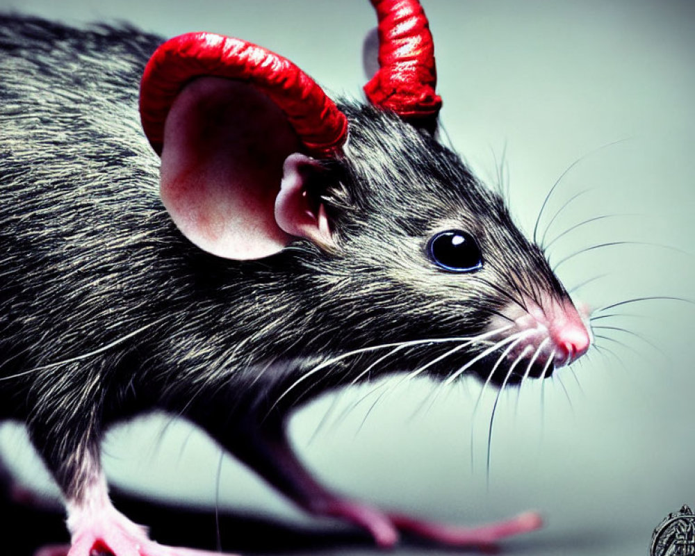 Digitally altered image: Grey mouse with red devil horns on grey background
