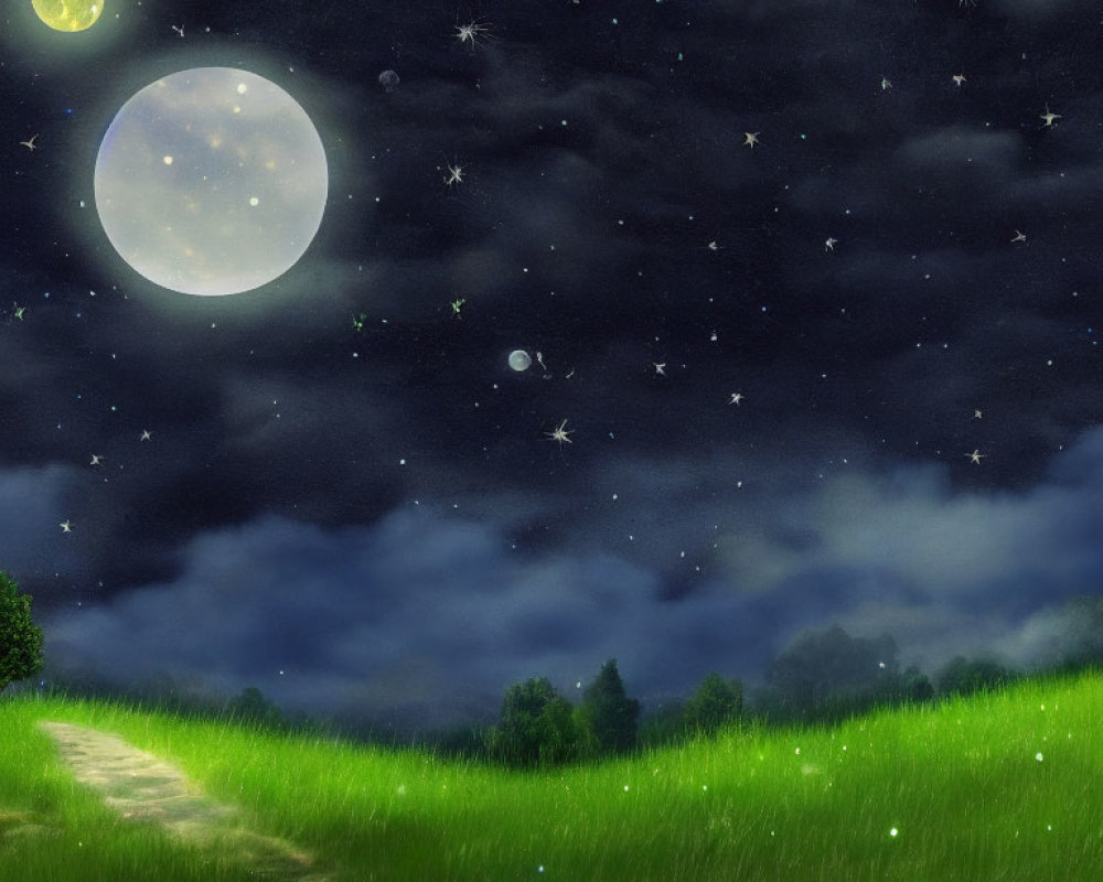 Full moon night landscape with stars, fireflies, meadow, and forest path