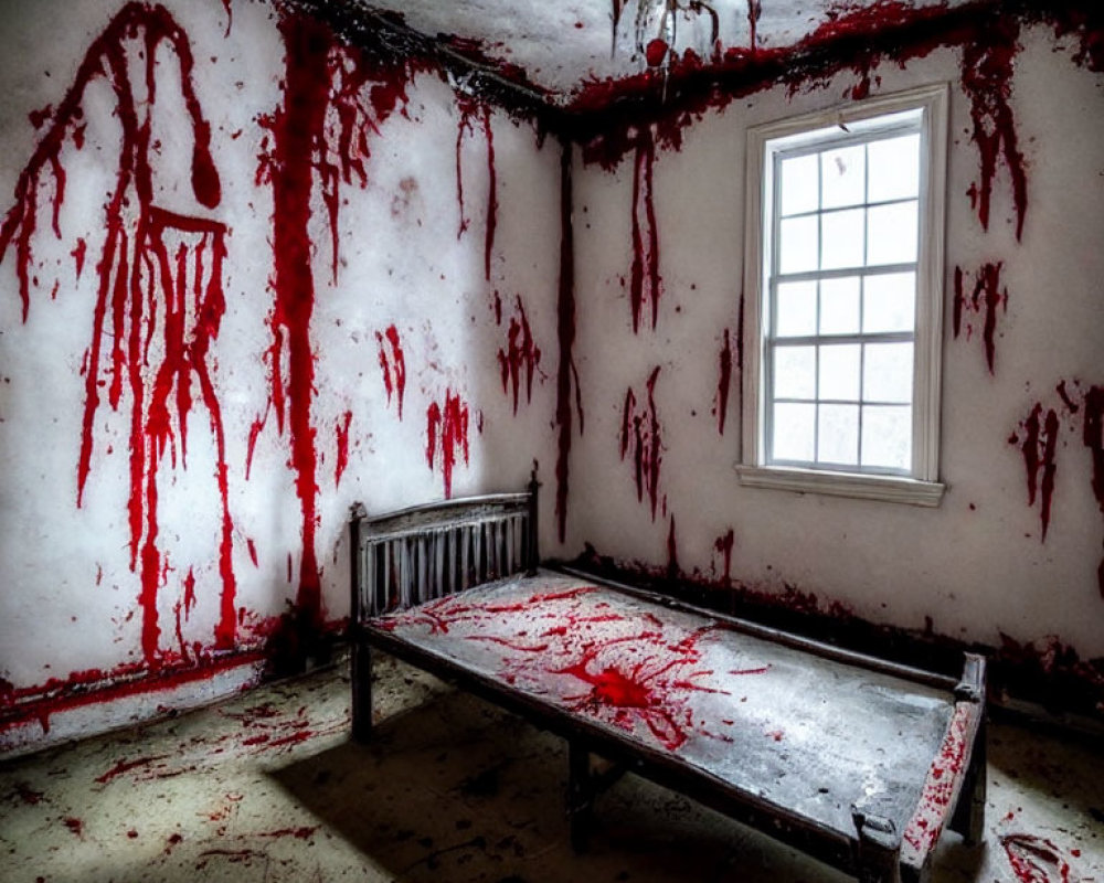 Decrepit Room with Blood-like Splatters on Bed in Gloomy Setting
