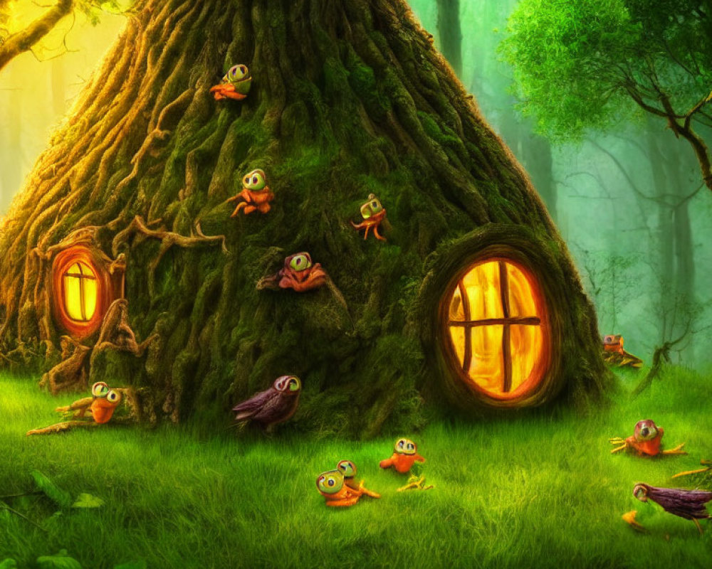 Enchanted tree with round door and windows in mystic forest with cartoon frogs