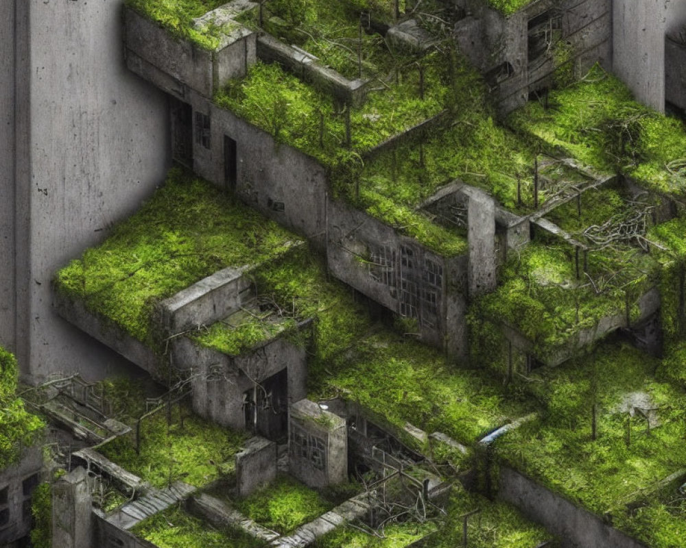 Dilapidated Urban Structure Overgrown with Green Moss