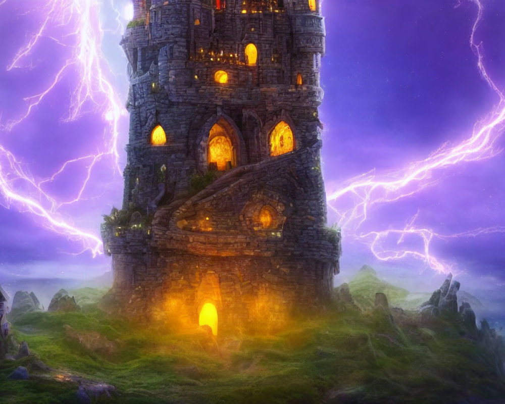 Fantasy scene: tall stone tower in stormy landscape