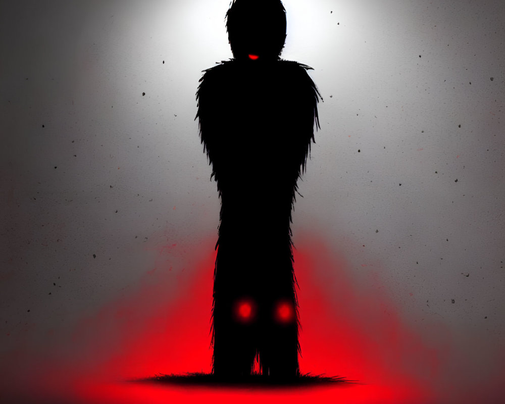 Mysterious figure with glowing red eyes and halo in eerie horror setting