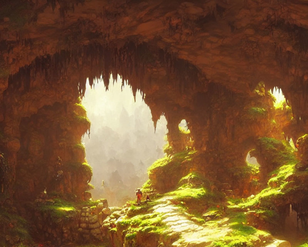 Sunlit cave with moss-covered stones, hiker resting, and ethereal glow