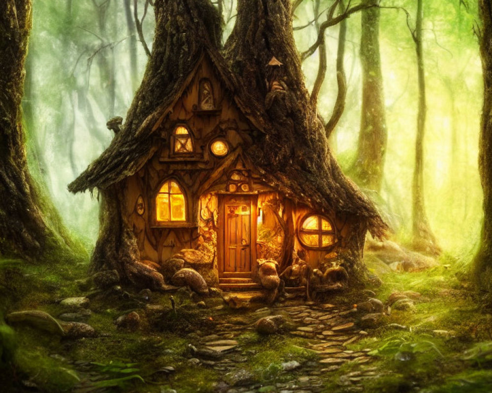 Magical forest cottage with glowing windows in misty woodland