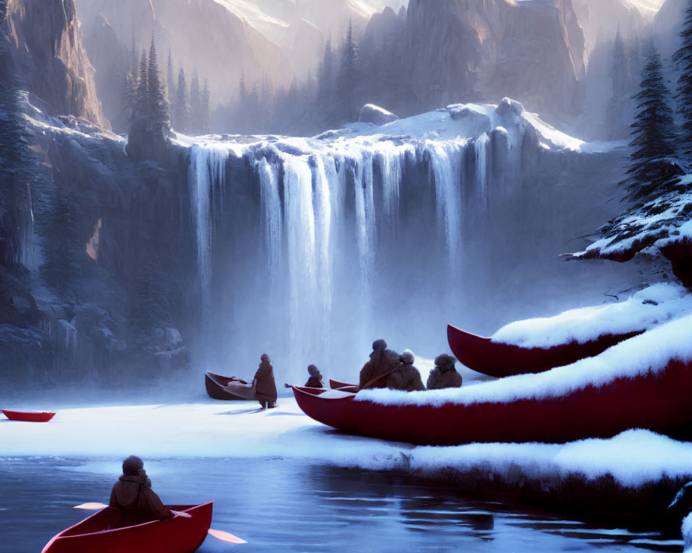 People in red canoes admire snowy riverbank waterfall