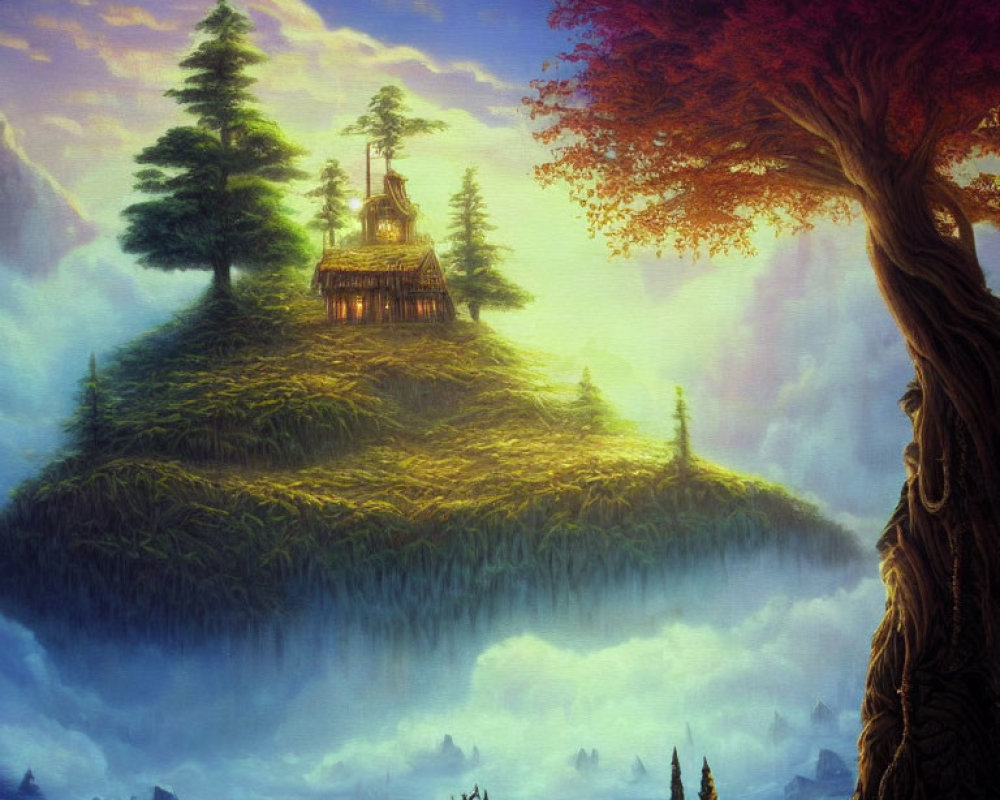 Floating island with house, trees, and face tree in surreal twilight scene