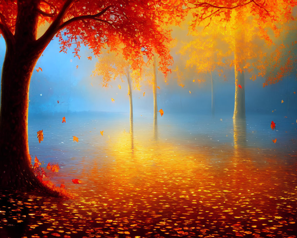 Tranquil autumn landscape with golden-orange leaves and misty background
