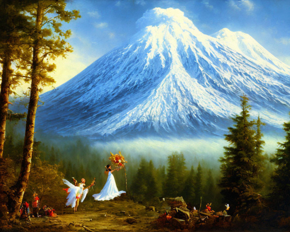 Ethereal figures dancing in forest with snow-capped mountain
