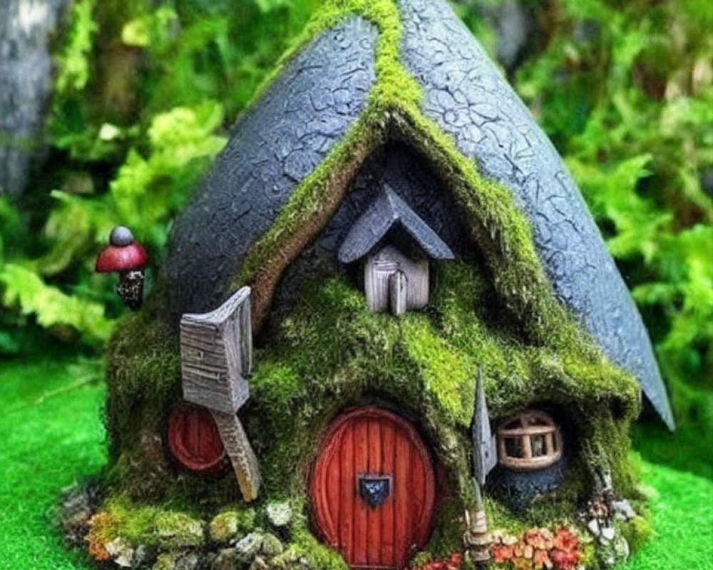 Miniature fairy-tale house with pointed roof and red door nestled in lush green setting