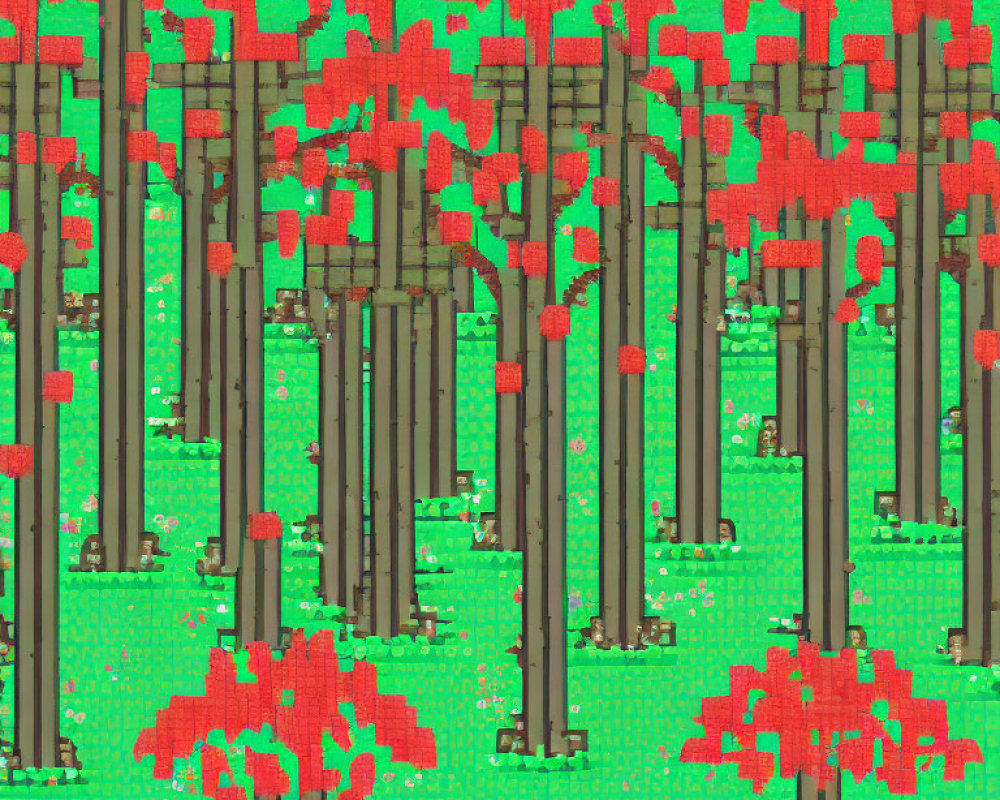 Bamboo Forest Pixel Art with Red Leaves