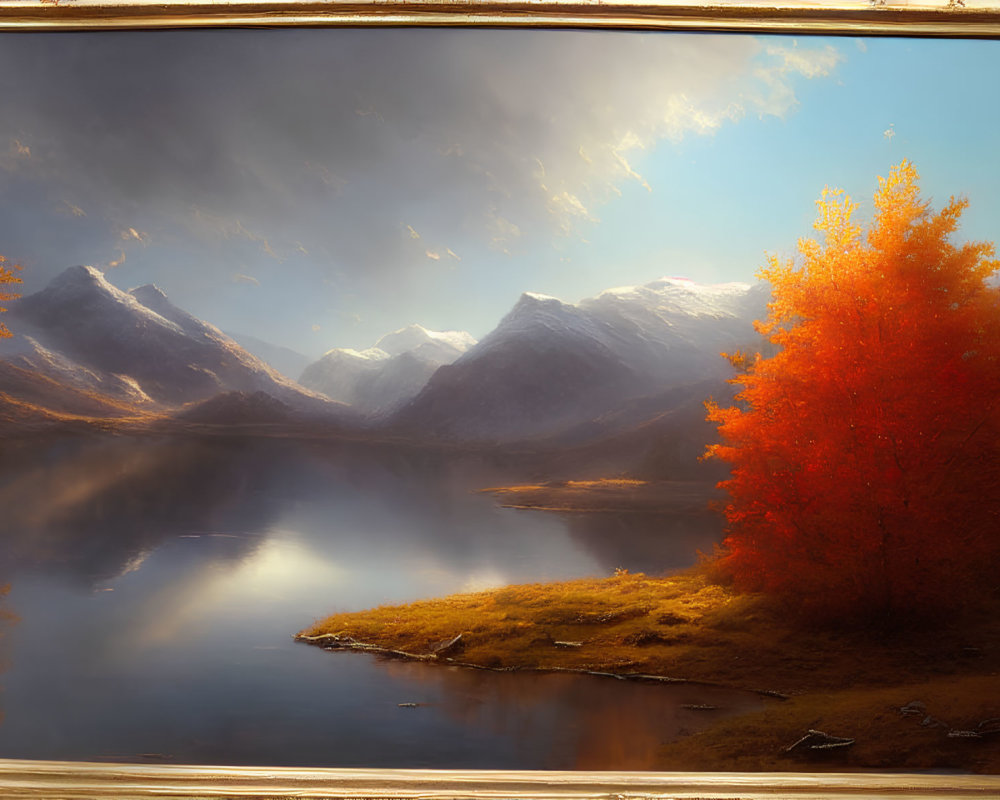 Tranquil landscape: snowy mountains, calm lake, autumn trees