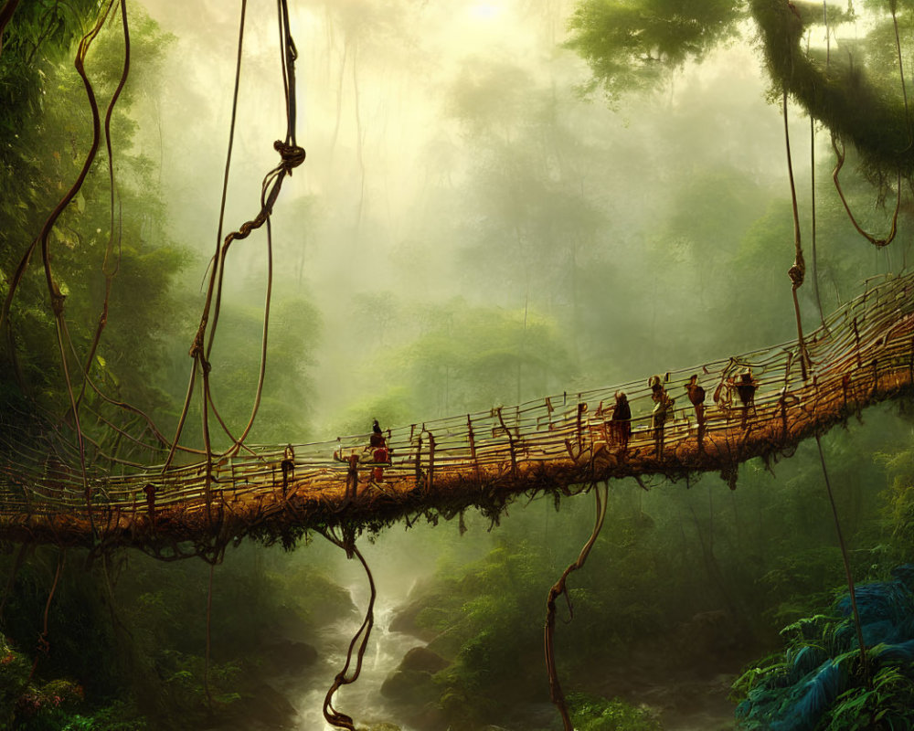 Rustic rope bridge over misty forest ravine with people crossing amid lush greenery