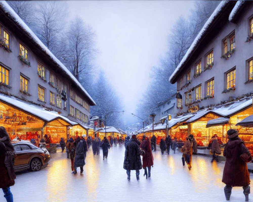 Winter Dusk Street Scene with Shopfronts, Shoppers, Snow-Covered Trees
