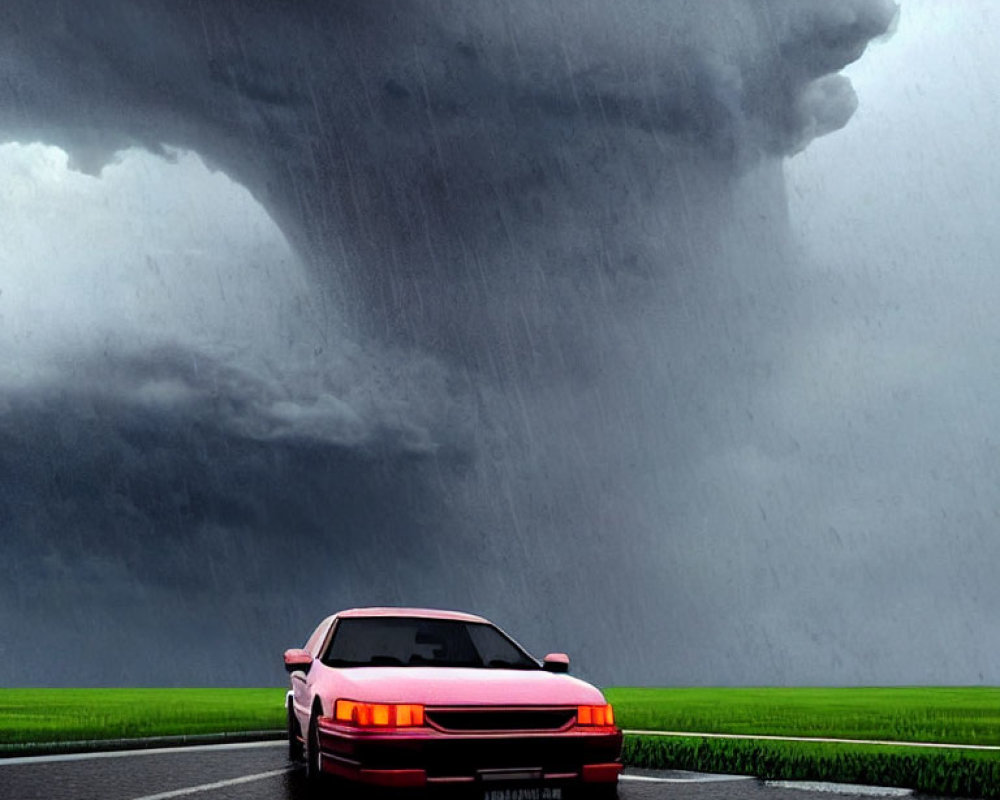 Red car confronts massive tornado on countryside road under stormy sky