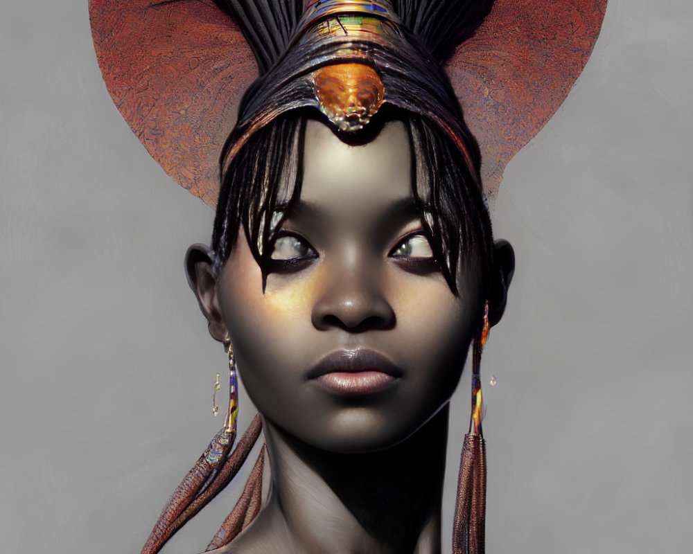 Detailed digital portrait of woman with ornate headdress and striking makeup