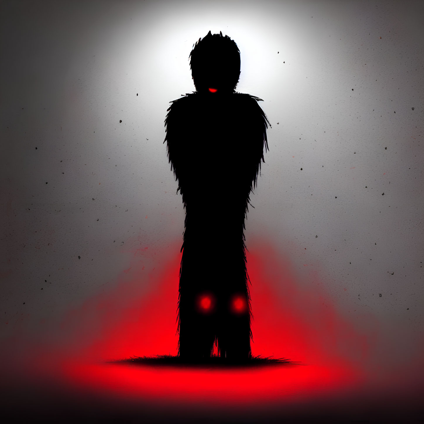 Mysterious figure with glowing red eyes and halo in eerie horror setting
