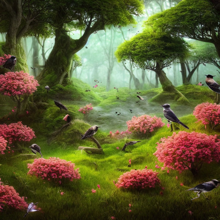 Enchanting forest scene with pink flowers, moss, fog, and black birds