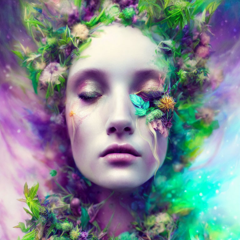 Vibrant floral adornment on surreal portrait with purple, pink, and green hues