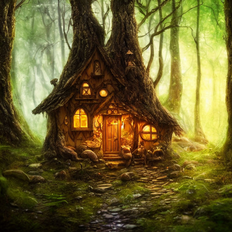 Magical forest cottage with glowing windows in misty woodland