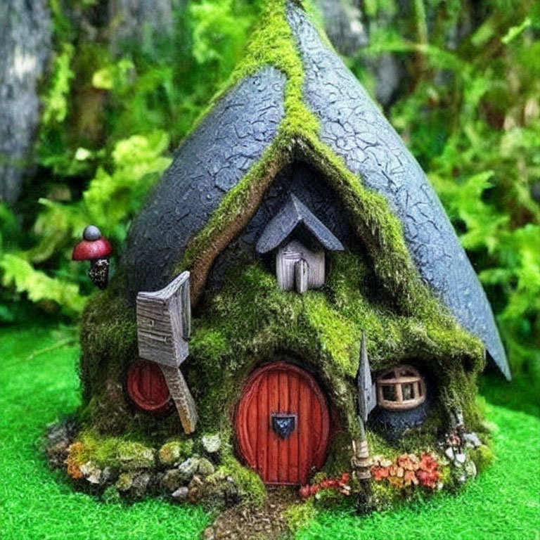 Miniature fairy-tale house with pointed roof and red door nestled in lush green setting