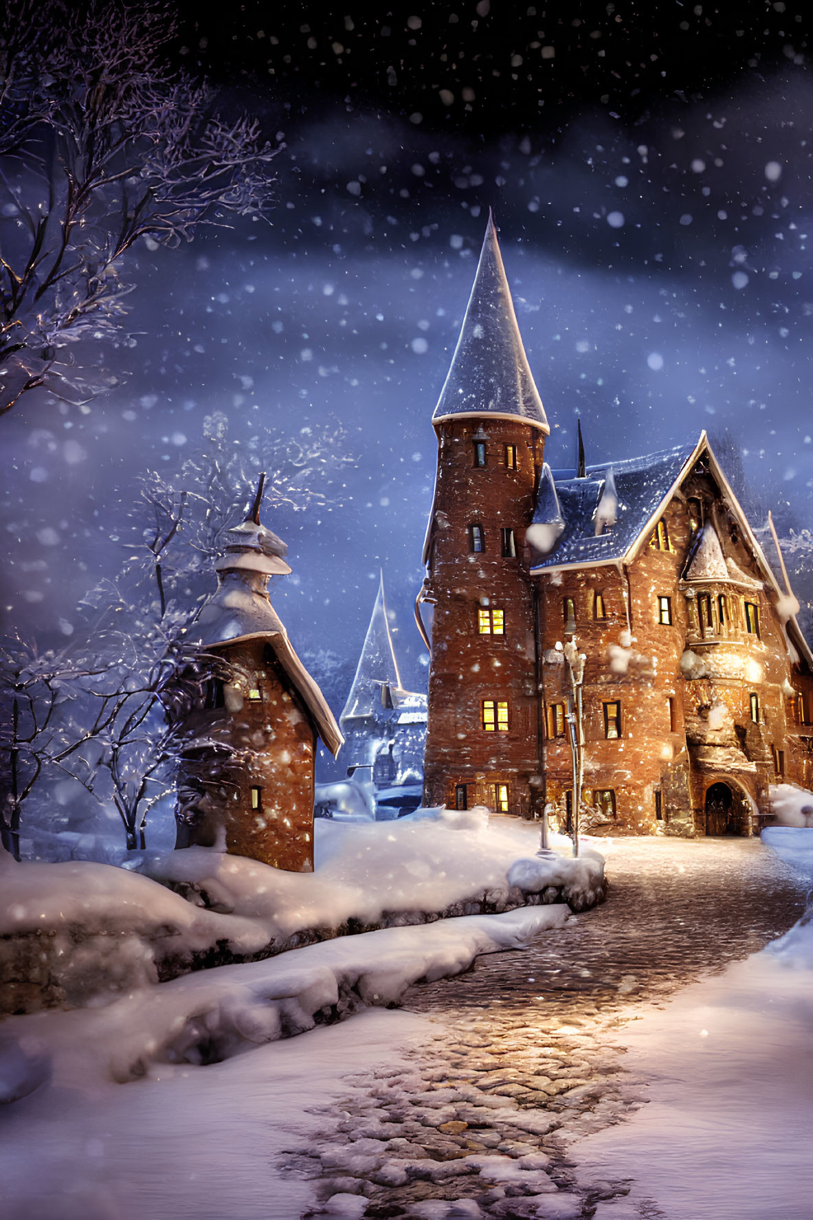 Snow-covered path to glowing castle under serene night sky