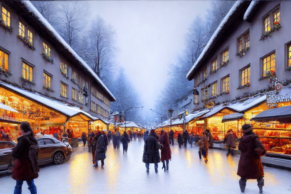 Winter Dusk Street Scene with Shopfronts, Shoppers, Snow-Covered Trees