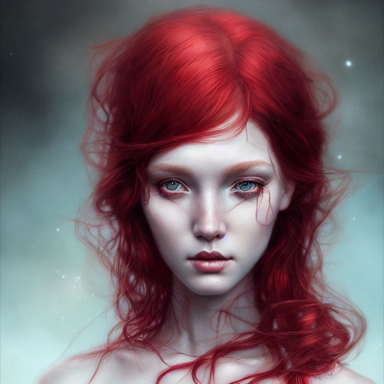 Vibrant red-haired woman with pale skin and blue eyes in mystical digital portrait