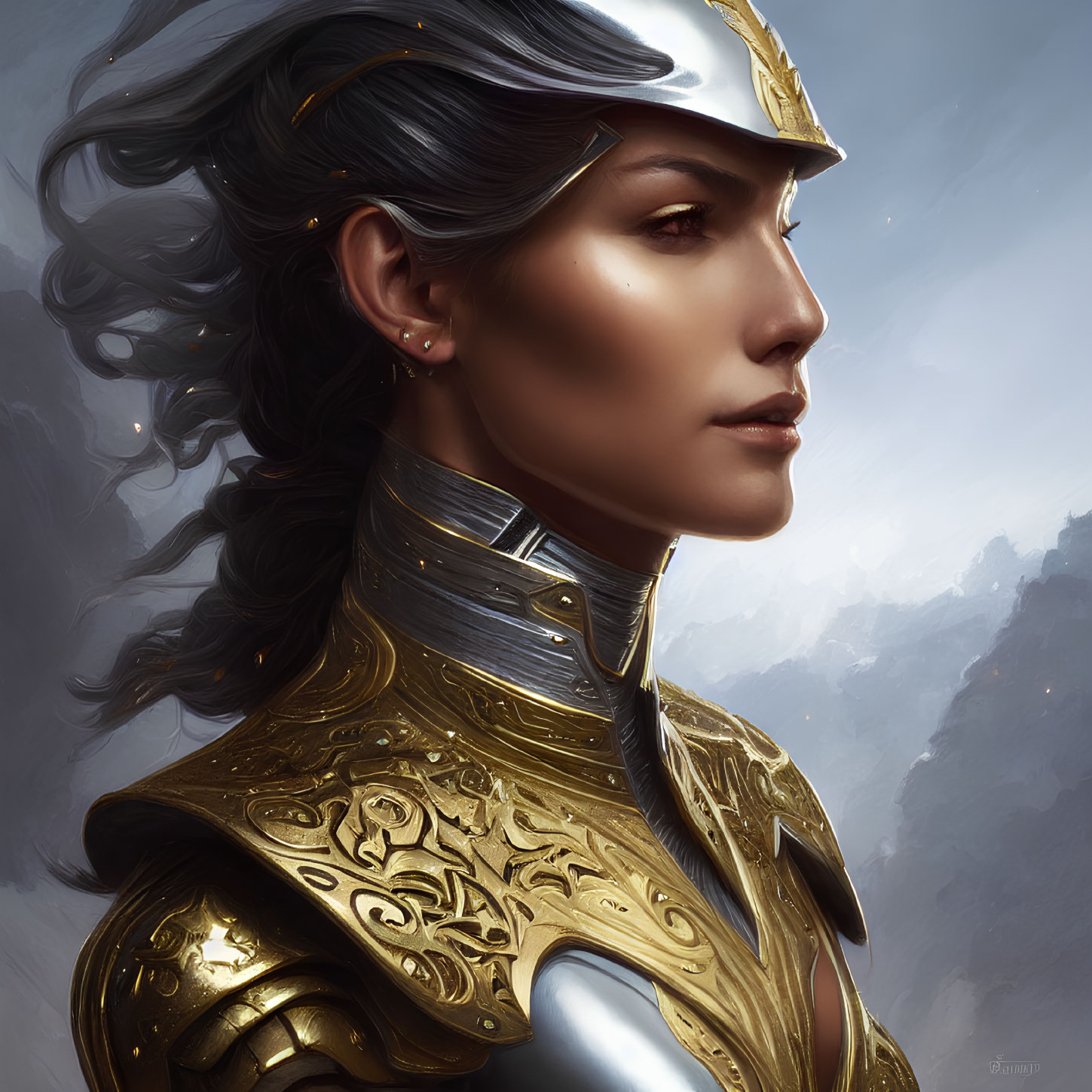 Regal woman in golden armor and helmet against misty mountain backdrop