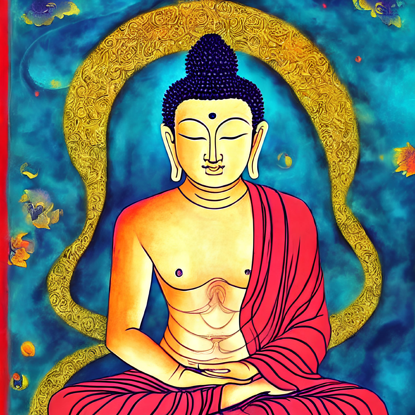 Meditating Buddha in Red Robe with Blue and Gold Aura surrounded by Floating Leaves in Starry