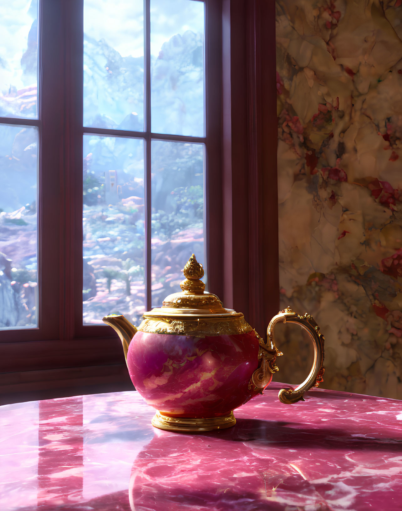 Shiny purple teapot with gold lid on marble table with mountain view