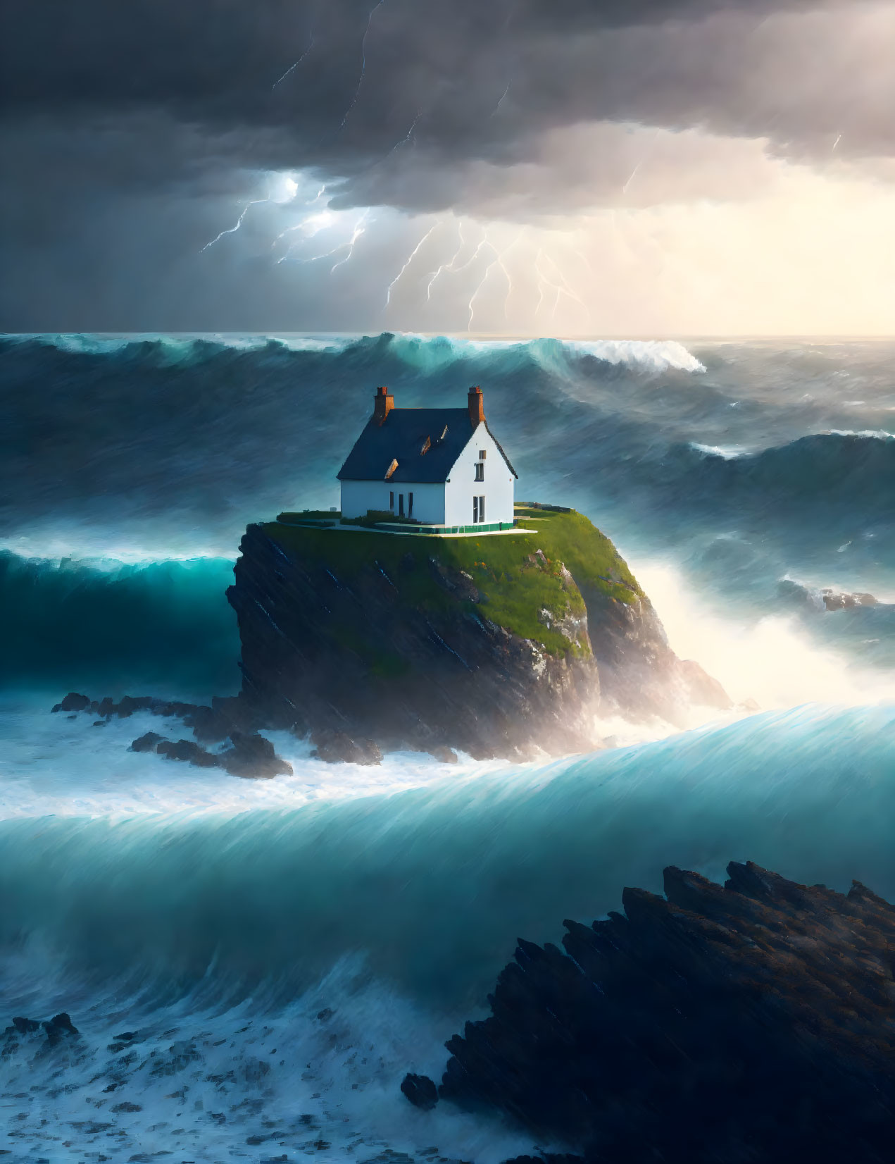 Cliffside house in stormy weather with ocean waves
