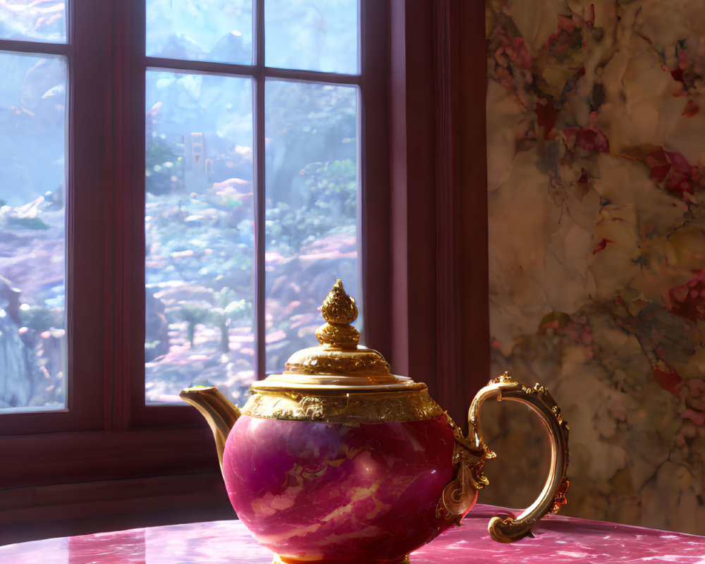 Shiny purple teapot with gold lid on marble table with mountain view