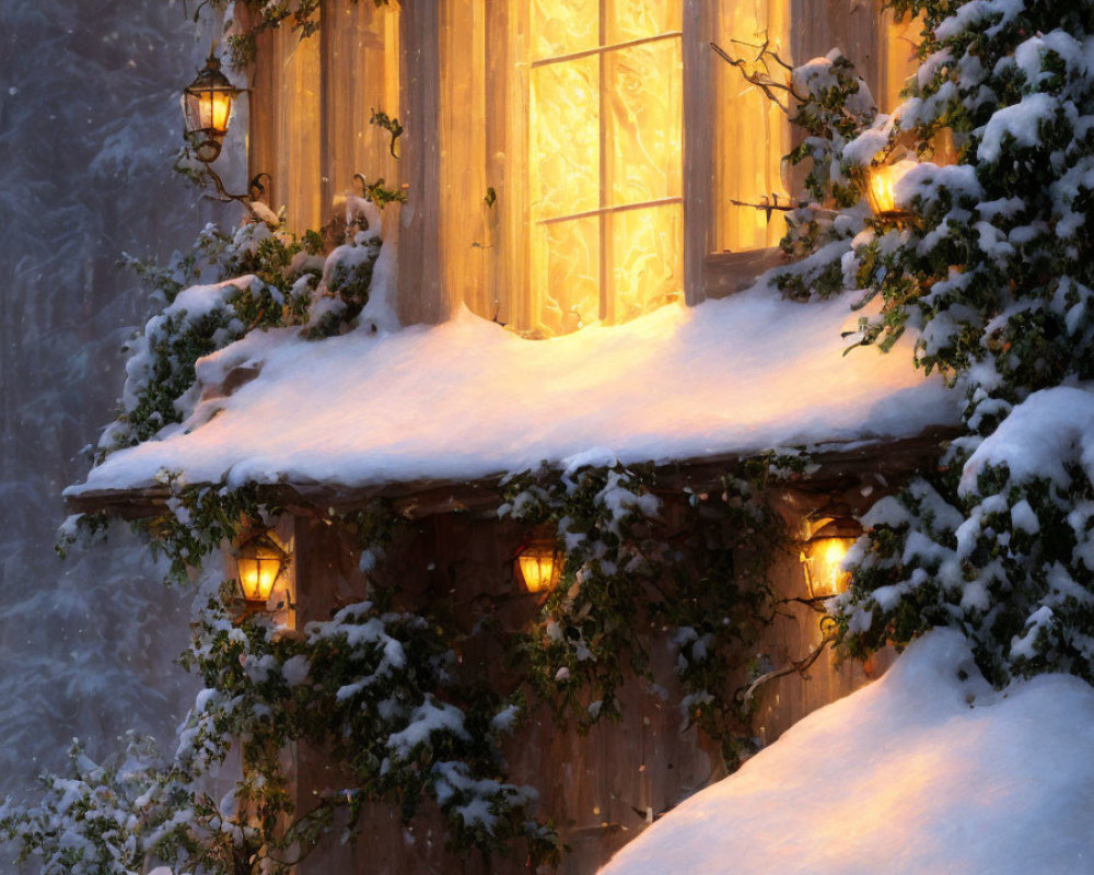 Snowy cabin with golden-lit windows and lanterns in winter scene