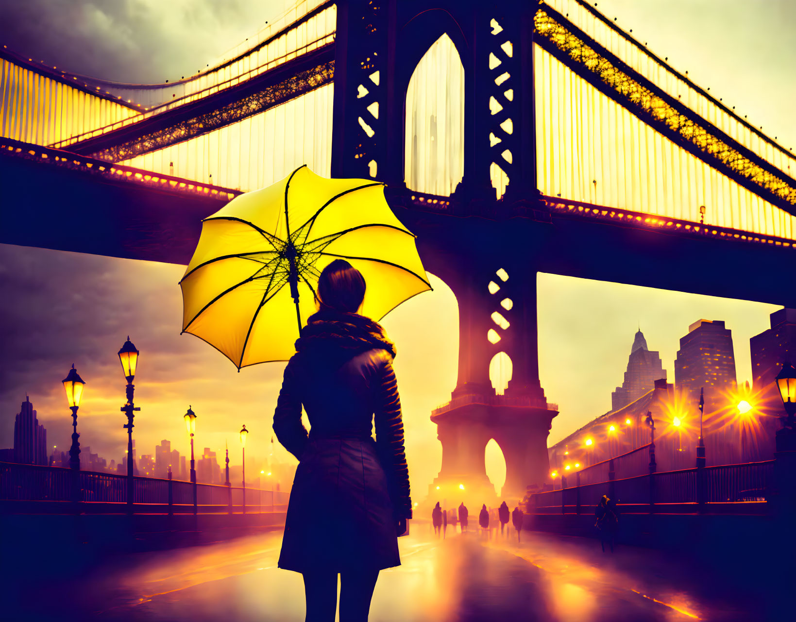Silhouette of person with umbrella at dusk city skyline background