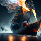 Burning sailing ship on foggy waters at night